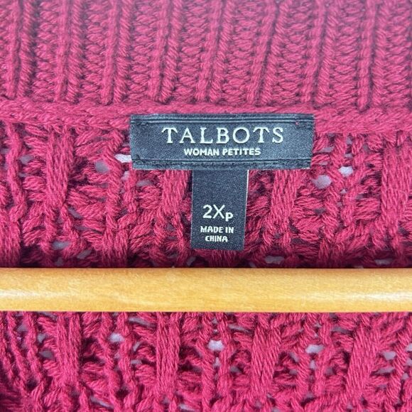 Talbots Petite Maroon Cardigan 2X Fisherman Cable Knit Cotton Wool Preppy Classy - Picture 3 of 8